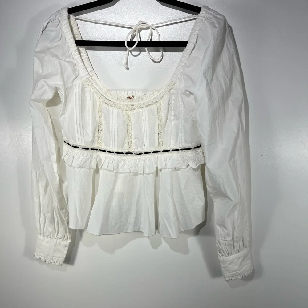 Free People Cathleen White Black Ruffle Long Sleeve Top Sz X-Small